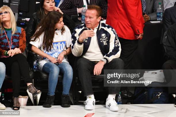 Arnold Schwarzenegger attends The 67th NBA All-Star Game: Team LeBron Vs. Team Stephen at Staples Center on February 18, 2018 in Los Angeles,...