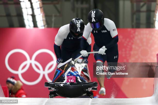 Nick Cunningham and Hakeem Abdul-Saboor of the United States slide during two-man Bobsleigh heats on day nine of the PyeongChang 2018 Winter Olympic...