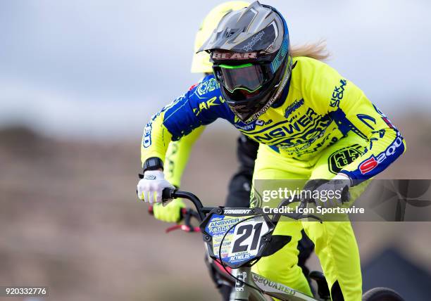 Ssquared Bicycles' Elite racer Lauren Reynolds of Australia practices before the USA BMX Winter Nationals on February 16 at Black Mountain BMX in...