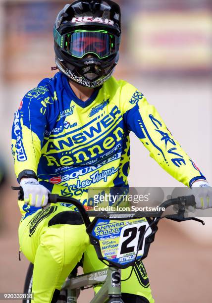 Ssquared Bicycles' Elite Women's racer Lauren Reynolds of Australia warms up before the USA BMX Winter Nationals on February 16 at Black Mountain BMX...
