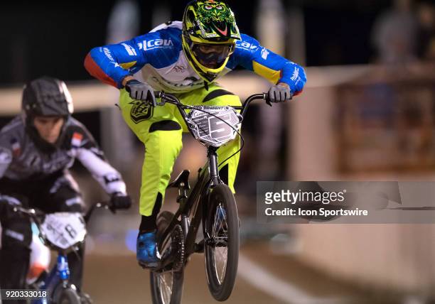 Elite Men's racer Alfredo Campo of Ecuador rips down the third straight during the USA BMX Winter Nationals on February 16 at Black Mountain BMX in...