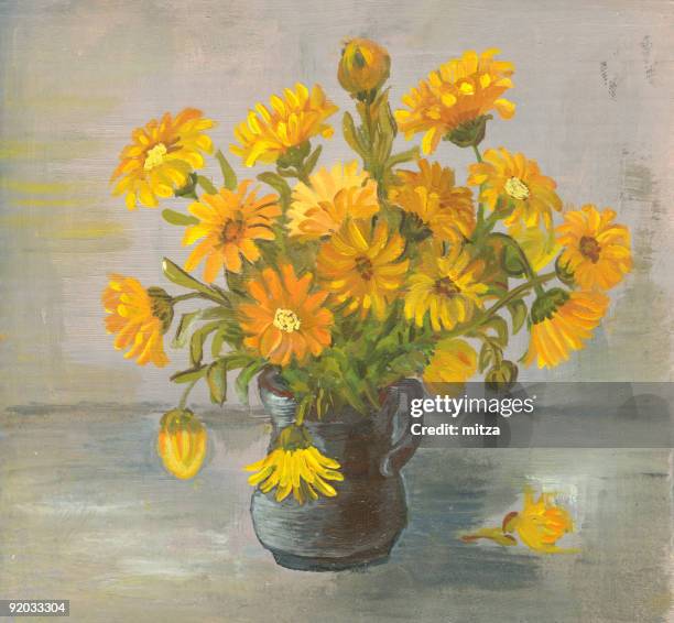 oil painted yellow flowers arrangement in ceramic black vase. - oil painting flowers stock illustrations