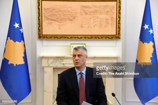 Kosovo President Hashim Thaci speaks during a press conference ahead of the 10th anniversary of the independence on February 16, 2018 in Pristina,...