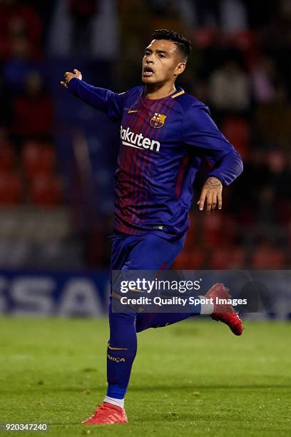 Matias Nahuel of FC Barcelona B reactsduring the La Liga 123 match between CD Lugo and FC Barcelona B at Angel Carro Stadium on February 18, 2018 in...