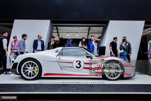 Porsche display a 918 Spyder with a rare Salzburg racing livery, with history back to the 70's Lemans racing team at the Goodwood Festival of Speed...