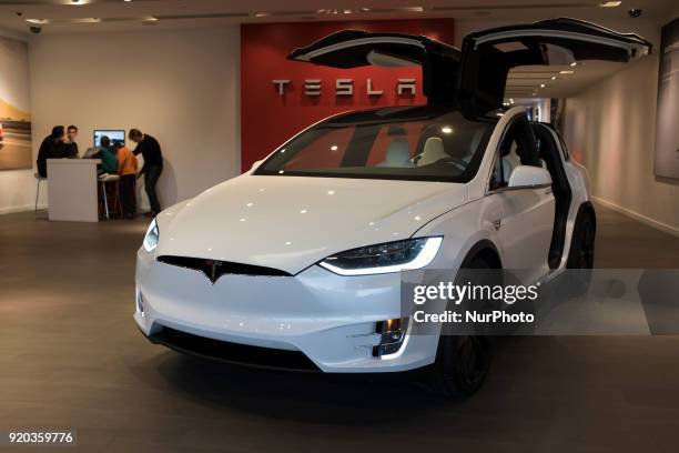 White Tesla Model X parked inside Tesla store in Stanford Shopping Center on February 13 Palo Alto, California.