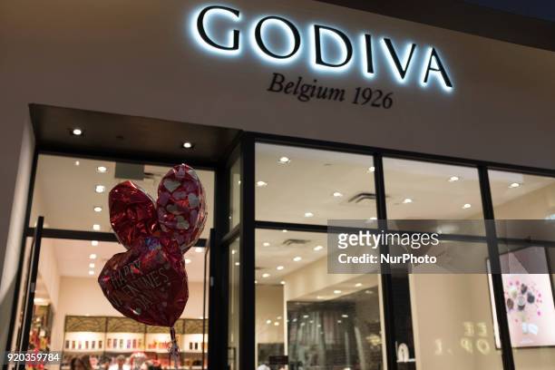 Valentine's Day balloons in front of a Godiva store in Stanford Shopping Center on February 13 Palo Alto, California.