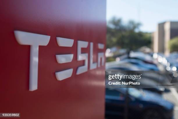 Tesla sign in front of Tesla office in Palo Alto on February 16 Palo Alto, California.
