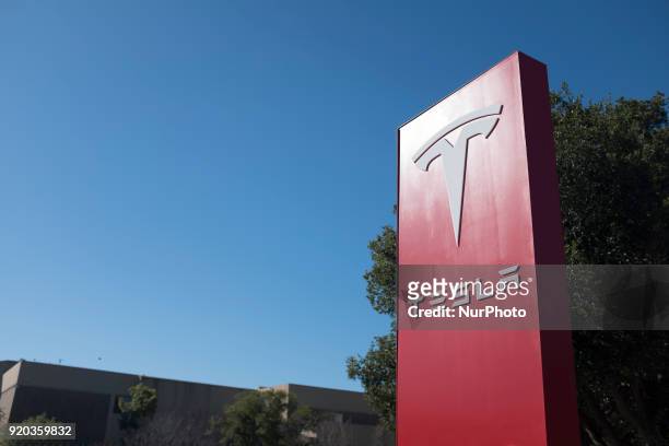 Tesla sign in front of Tesla office in Palo Alto on February 16 Palo Alto, California.