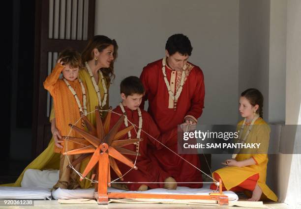 Canadian Prime Minister Justin Trudeau and his wife Sophie Gregoire Trudeau sit with their daughter Ella-Grace and their sons Xavier and Hadrien as...