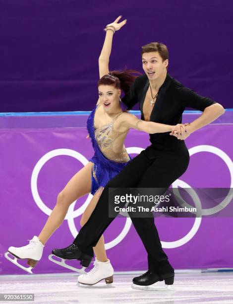 Ekaterina Bobrova and Dmitri Soloviev of Olympic Athlete from Russia compete in the Figure Skating Ice Dance Short Dance on day ten of the...