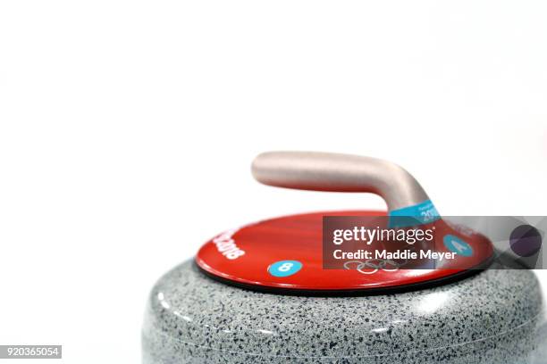 Detail of a curling stone during Men's Round Robin Session 9 on day 10 of the PyeongChang 2018 Winter Olympic Games at Gangneung Curling Centre on...