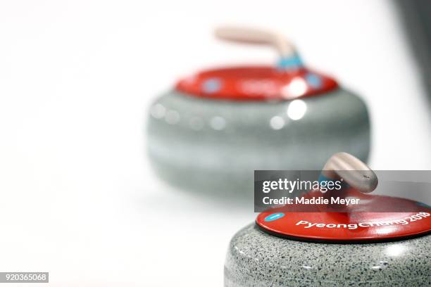 Detail of a curling stone during Men's Round Robin Session 9 on day 10 of the PyeongChang 2018 Winter Olympic Games at Gangneung Curling Centre on...