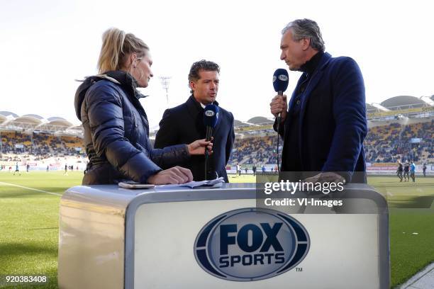 Interviewer Helene Hendriks of FOX Sports, coach Jean-Paul de Jong of FC Utrecht, analist Robert Maaskant of FOX Sports during the Dutch Eredivisie...