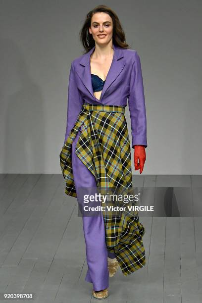 Model walks the runway at the Marta Jakubowski Ready to Wear Fall/Winter 2018-2019 fashion show during London Fashion Week February 2018 on February...