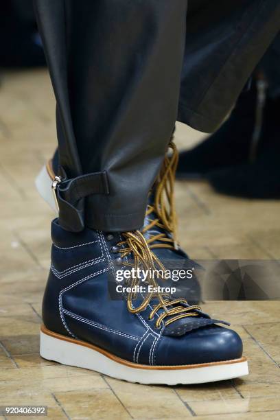 Shoe details at the JW Anderson show during London Fashion Week February 2018 at Yeomanry House on February 17, 2018 in London, England.