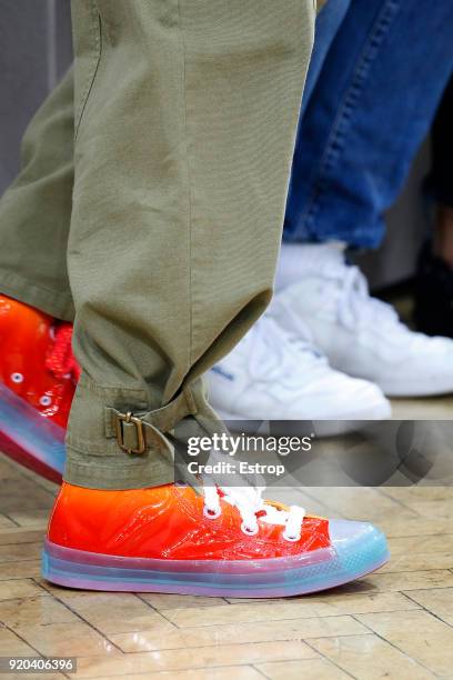 Shoe details at the JW Anderson show during London Fashion Week February 2018 at Yeomanry House on February 17, 2018 in London, England.