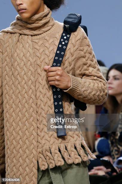 Clothing details at the JW Anderson show during London Fashion Week February 2018 at Yeomanry House on February 17, 2018 in London, England.