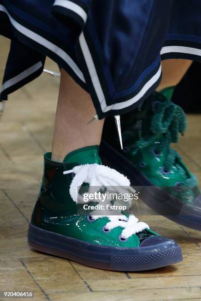 Shoe details at the JW Anderson show during London Fashion Week February 2018 at Yeomanry House on February 17, 2018 in London, England.