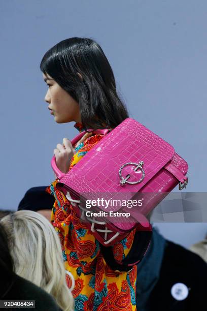 Bag details at the JW Anderson show during London Fashion Week February 2018 at Yeomanry House on February 17, 2018 in London, England.