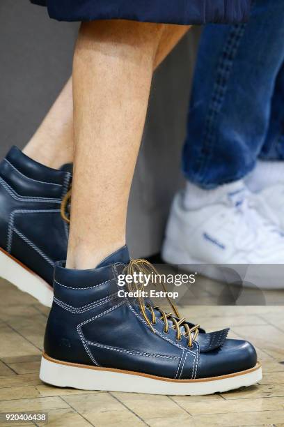 Shoe details at the JW Anderson show during London Fashion Week February 2018 at Yeomanry House on February 17, 2018 in London, England.