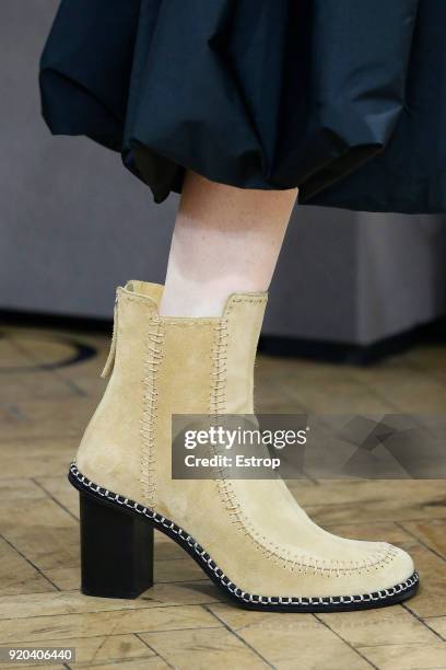 Shoe details at the JW Anderson show during London Fashion Week February 2018 at Yeomanry House on February 17, 2018 in London, England.