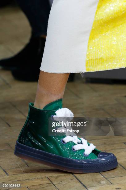 Shoe details at the JW Anderson show during London Fashion Week February 2018 at Yeomanry House on February 17, 2018 in London, England.