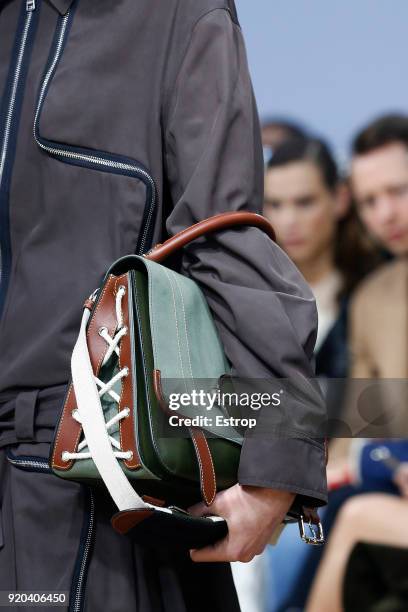 Bag details at the JW Anderson show during London Fashion Week February 2018 at Yeomanry House on February 17, 2018 in London, England.