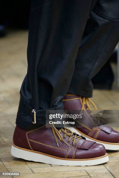 Shoe details at the JW Anderson show during London Fashion Week February 2018 at Yeomanry House on February 17, 2018 in London, England.