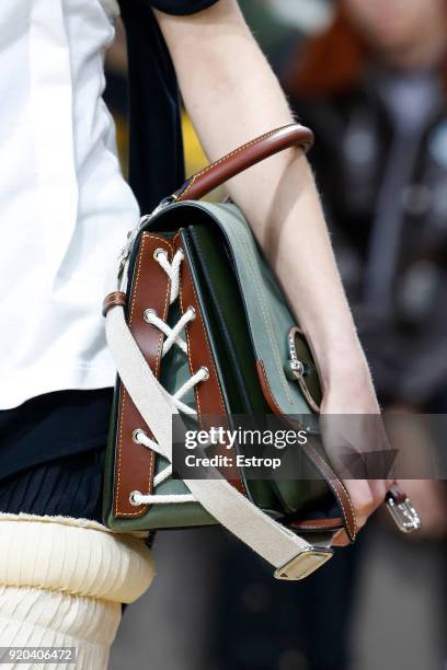 Bag details at the JW Anderson show during London Fashion Week February 2018 at Yeomanry House on February 17, 2018 in London, England.