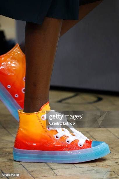 Shoe details at the JW Anderson show during London Fashion Week February 2018 at Yeomanry House on February 17, 2018 in London, England.