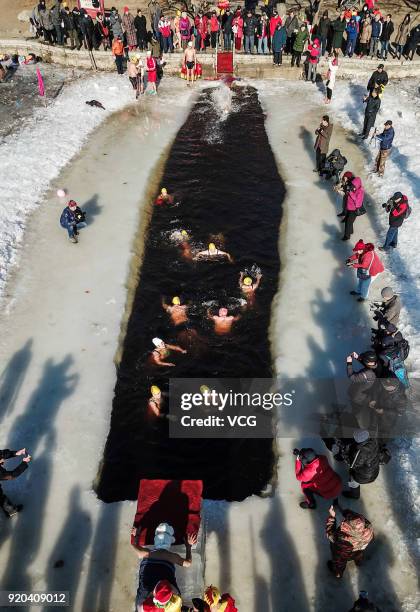 Swimming enthusiasts in festive attire swim in cold river at Beiling Park on the first day of Spring Festival on February 16, 2018 in Shenyang,...