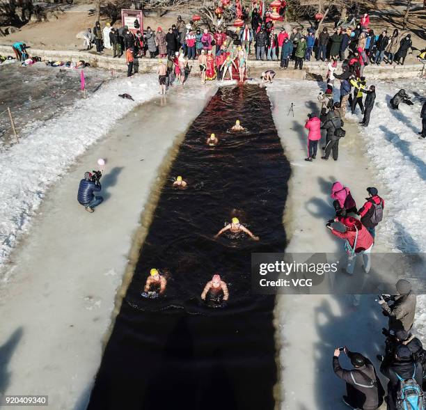 Swimming enthusiasts in festive attire swim in cold river at Beiling Park on the first day of Spring Festival on February 16, 2018 in Shenyang,...