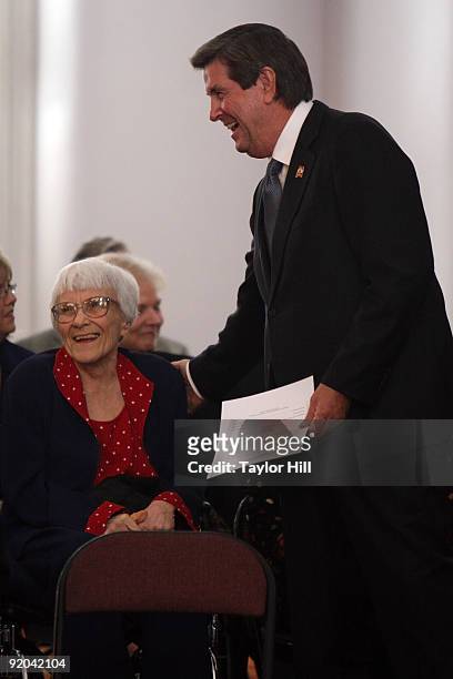Harper Lee and Governor Bob Riley attend the 2009 Alabama Academy of Honor Inductions at the Old House Chambers on October 19, 2009 in Montgomery,...