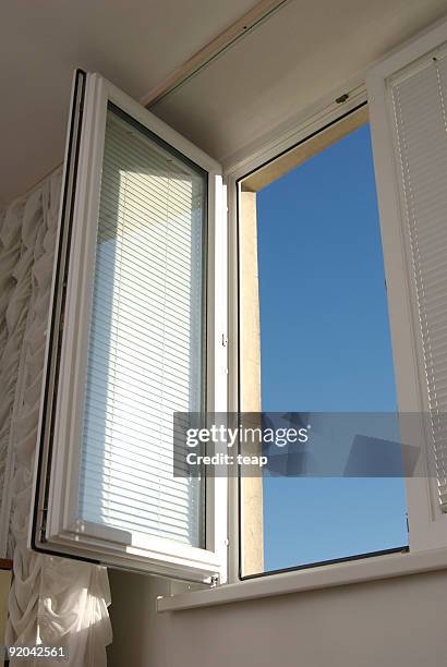 open double glazed window with internal blind - open window frame stock pictures, royalty-free photos & images