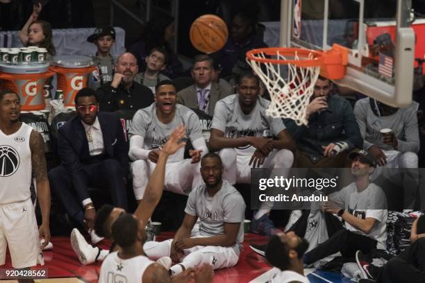 Russell Westbrook of Team Lebron reacts from the bench during the 2018 NBA All-Star Game at the Staples Center in Los Angeles, California on February...