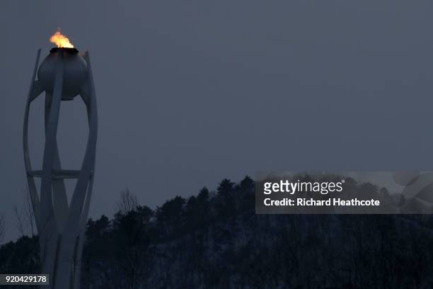 The Olympic flame burns at Olympic Park on day 10 of the PyeongChang 2018 Winter Olympic Games on February 19, 2018 in Pyeongchang-gun, South Korea.