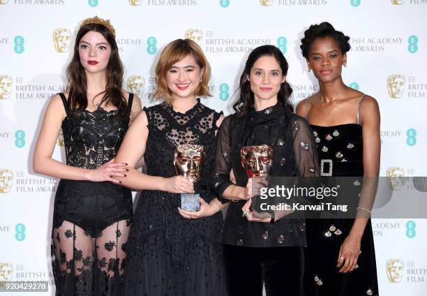 Anya Taylor-Joy, Ser En Low and Paloma Baeza, winners of the Best British Short Animation award for 'Poles Apart', and Letitia Wright pose in the...