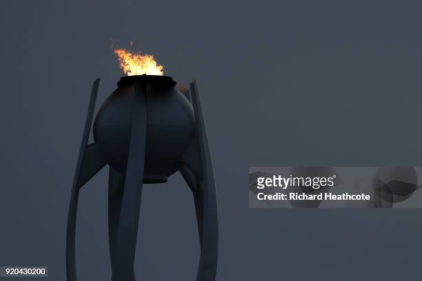The Olympic flame burns at Olympic Park on day 10 of the PyeongChang 2018 Winter Olympic Games on February 19, 2018 in Pyeongchang-gun, South Korea.