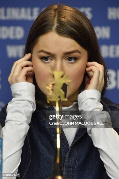 Actress Andrea Berntzen attends a press conference for the film "Utoya 22 juli" presented in competition during the 68th Berlinale film festival on...