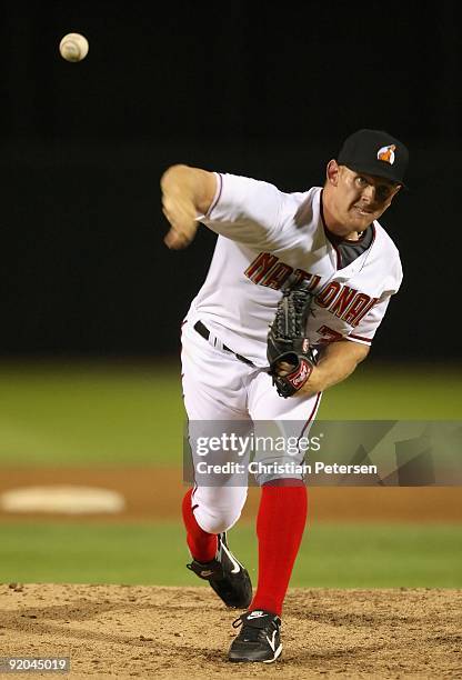 Washington Nationals prospect Stephen Strasburg, playing for the Phoenix Desert Dogs, pitches in the Arizona Fall League game against the Scottsdale...