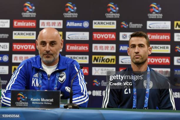 Head coach Kevin Muscat and captain Carl Valeri of Melbourne Victory attend a press conference before the 2018 AFC Champions League Group F match...