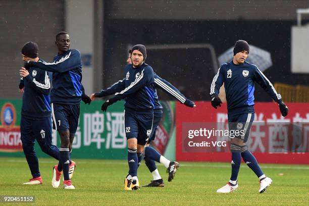 Stefan Nigro and Jai Ingham of Melbourne Victory FC in action during a training session before the 2018 AFC Champions League Group F match between...