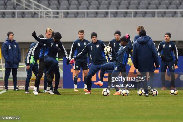 Melbourne Victory FC in action during a training session before the 2018 AFC Champions League Group F match between Shanghai SIPG and Melbourne...