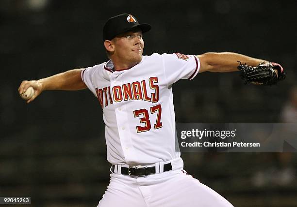 Washington Nationals prospect Stephen Strasburg, playing for the Phoenix Desert Dogs, pitches in the Arizona Fall League game against the Scottsdale...