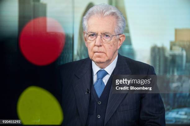 Mario Monti, former Italian prime minister, pauses during a Bloomberg Television interview in London, U.K., on Monday, Feb. 19, 2018. Monti said he...