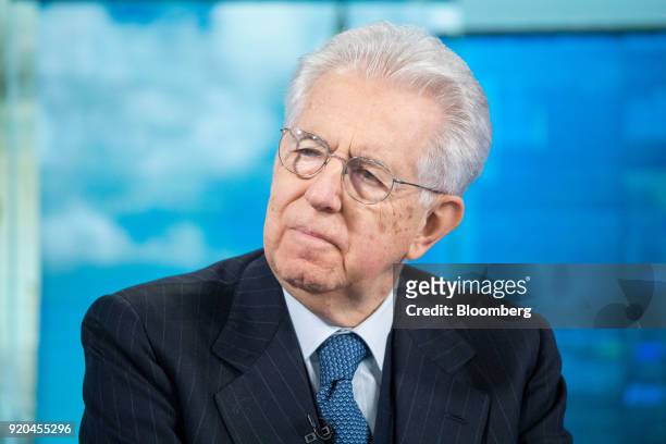 Mario Monti, former Italian prime minister, pauses during a Bloomberg Television interview in London, U.K., on Monday, Feb. 19, 2018. Monti said he...