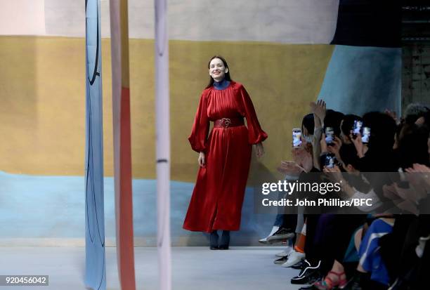 Designer Roksanda Ilincic on the runway at the Roksanda show during London Fashion Week February 2018 at Eccleston Place on February 19, 2018 in...