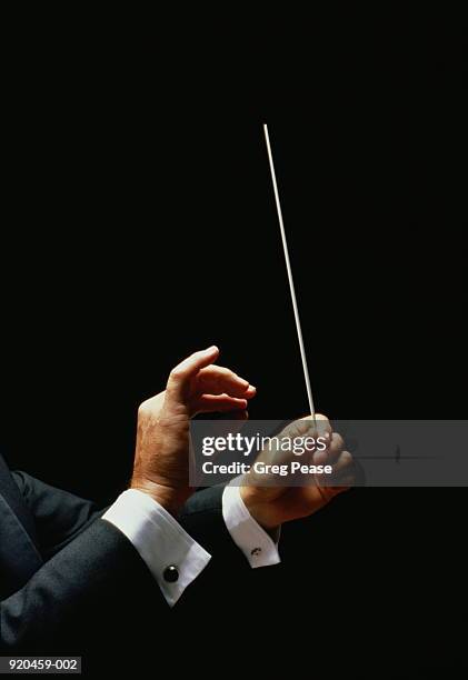 conductor's hands holding baton, black background - director de orquesta fotografías e imágenes de stock