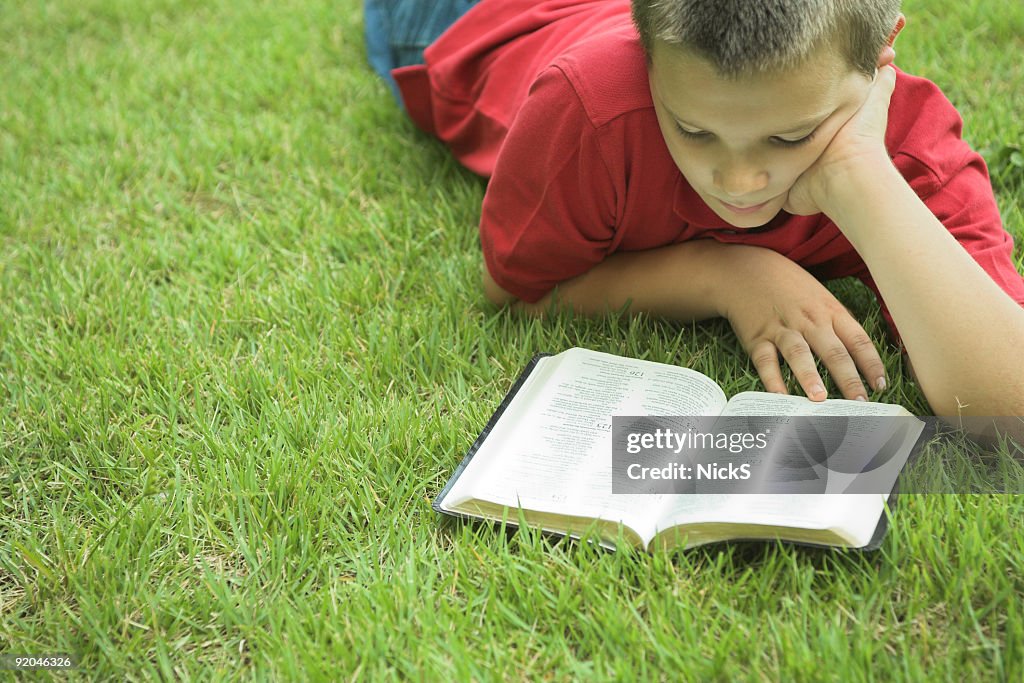 Boy lying grass reading a book